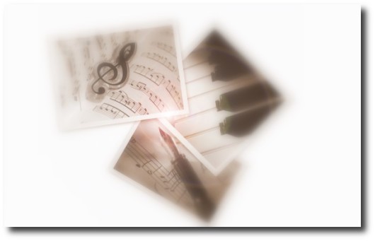 imatge que representa elements importants d'una escola de música com el piano, la clau de sol i les partitures manuscrites