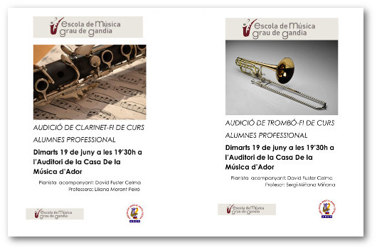 cartell anunciador de les audicions de clarinet i trombó de l'alumnat del conservatori del districte marítim del Grau de Gandia