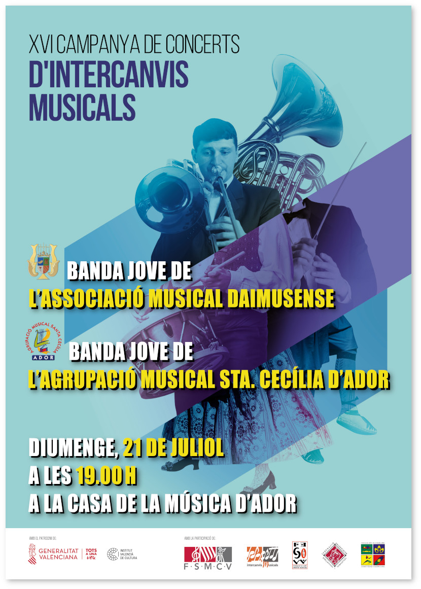 composició gràfica que representa una imatge combinada amb músics, tabaleters, balladors, com a portada del programa de mà del concert de la XVI Campanya d'Intercanvis musicals