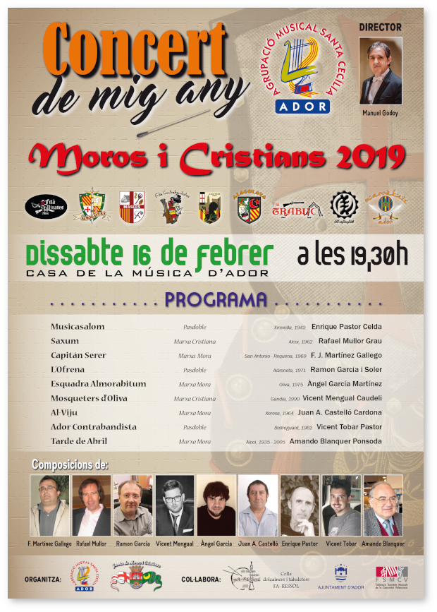 Cartell anunciador del Programa del concert del Mig Any Fester de febrer de 2019 de la banda de l'Agrupació Musical Santa Cecília d'Ador