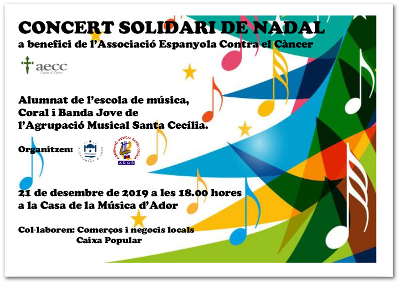 imatge amb un avet decorat amb figures musicals  en la portada del programa de mà del concert solidari de Nadal de 2019