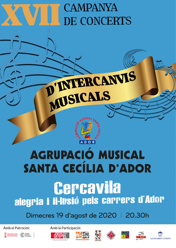 Cartell anunciador de la Cercavila Ador dintre de la campanya XVII campanya d'Intercanvis musicals 2020 del 19 d'agost de la banda de l'Agrupació Musical Santa Cecília d'Ador