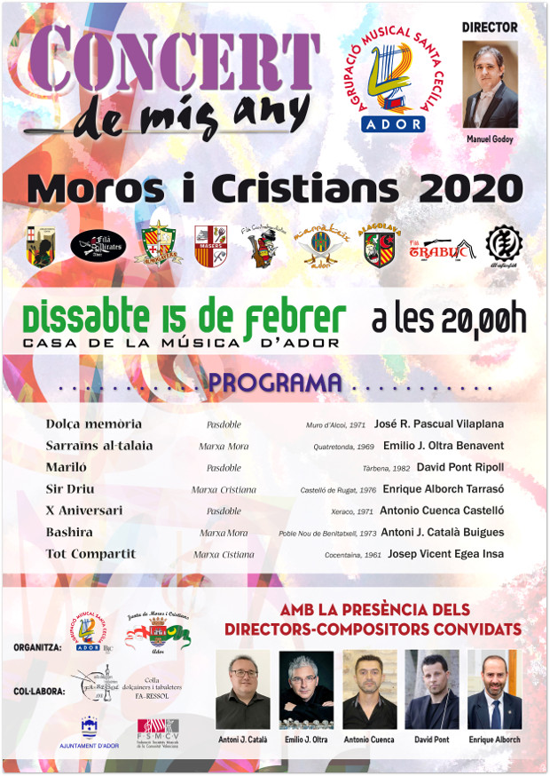 Cartell anunciador del Programa del concert del Mig Any Fester de febrer de 2020 de la banda de l'Agrupació Musical Santa Cecília d'Ador