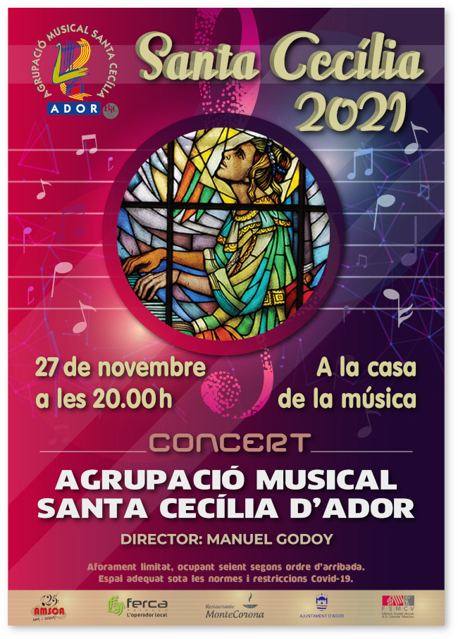 Cartell anunciador del concert de Santa Cecília 2021 del 27 de novembre per la banda de l'Agrupació Musical Santa Cecília d'Ador