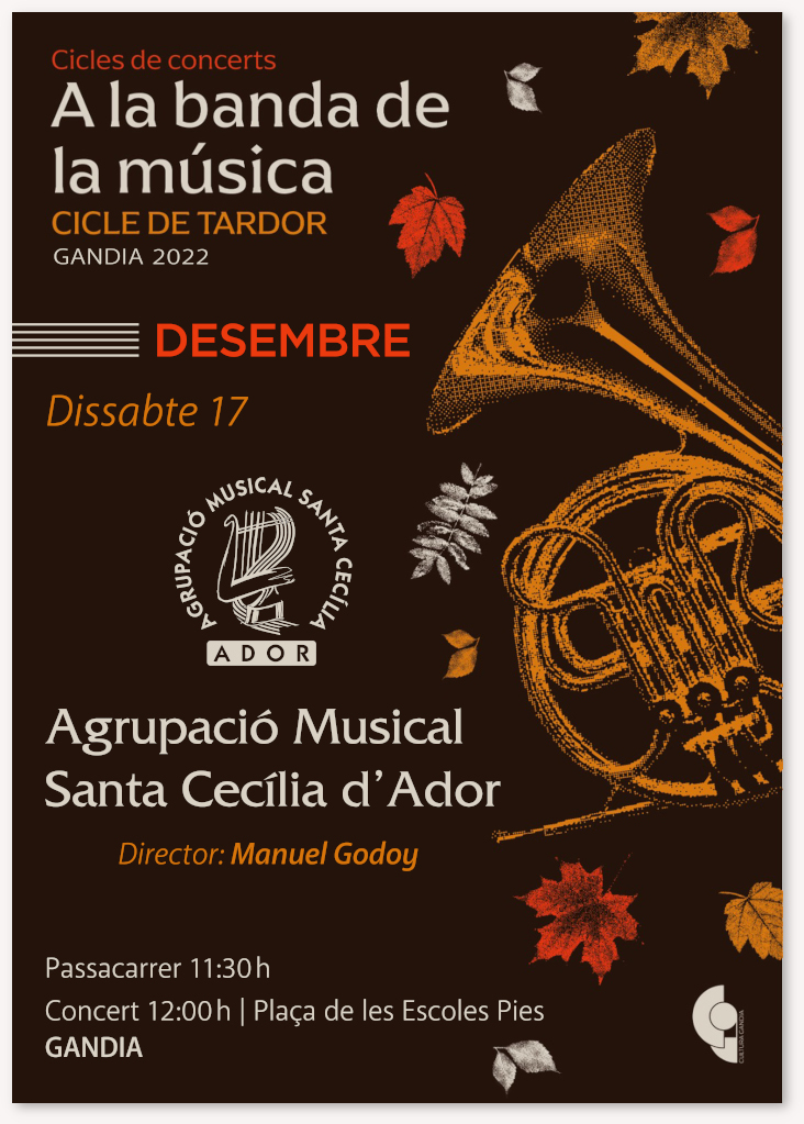 Cartell anunciador del concert a Gandia per la banda  de l'Agrupació Musical Santa Cecília d'Ador