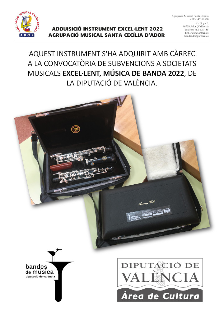 Cartell anunciador de l'adquisició instrument "Excel·lent 2022" per l'Agrupació Musical Santa Cecília d'Ador