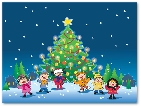 imatge amb ambientació nadalenca, amb arbre decorat, i xiquets i xiquetes cantant  en la portada del programa de mà del concert solidari de Nadal de 2016