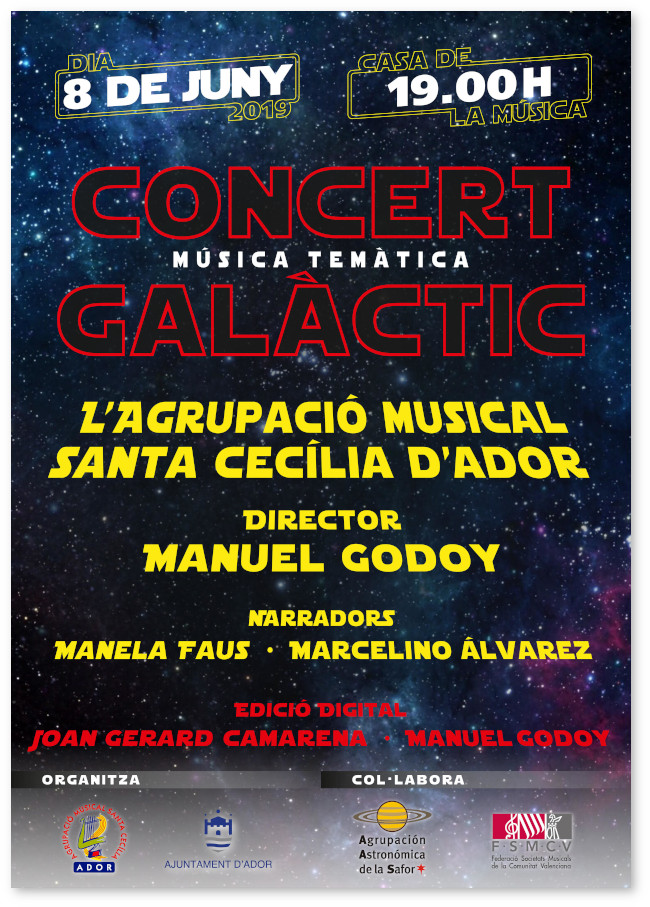 composició gràfica que representa una imatge de l'univers, com a portada del programa de mà del concert galàctic, música temàtica 2019