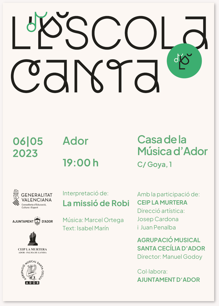 Cartell anunciador deL concert "L'ESCOLA CANTA
              " de l'Agrupació Musical Santa Cecília d'Ador