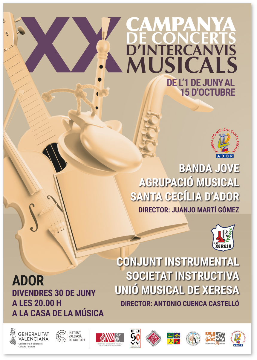 Cartell anunciador del concert "XX CAMPANYA INTERCANVIS MUSICALS" de la Banda Jove de l'Agrupació Musical Santa Cecília d'Ador