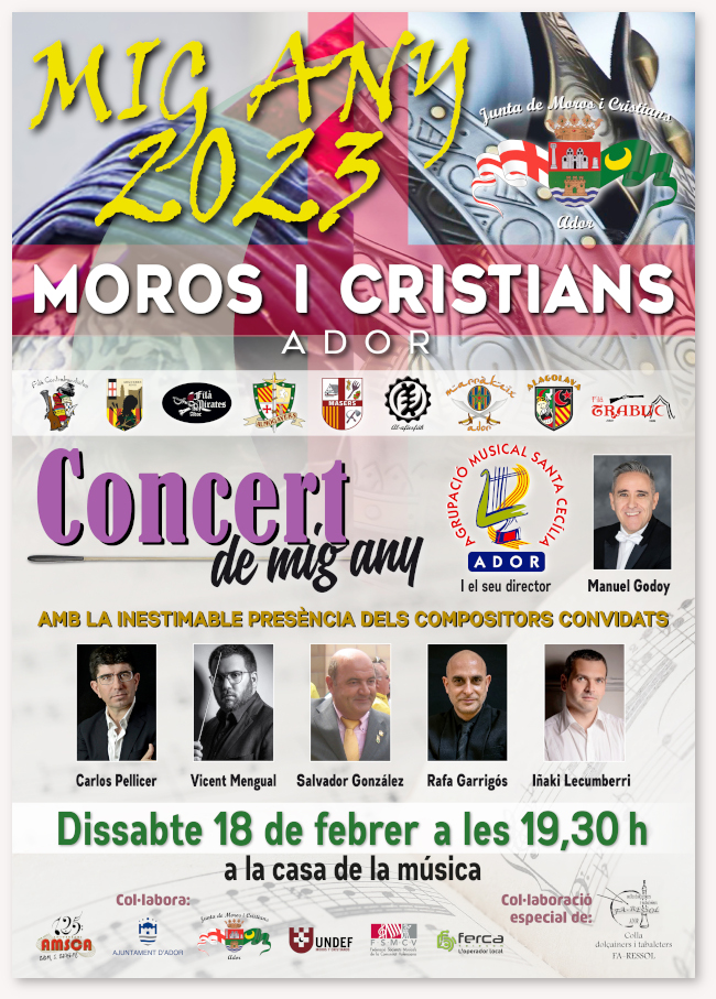 Cartell anunciador del concert "Mig Any Fester 2023" per la Banda de l'Agrupació Musical Santa Cecília d'Ador