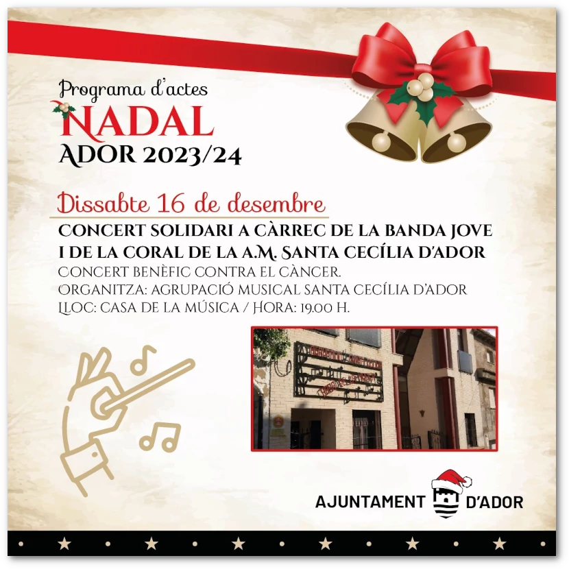 Cartell anunciador del concert solidari de "NADAL" per la Banda Jove i la Coral de l'Agrupació Musical Santa Cecília d'Ador