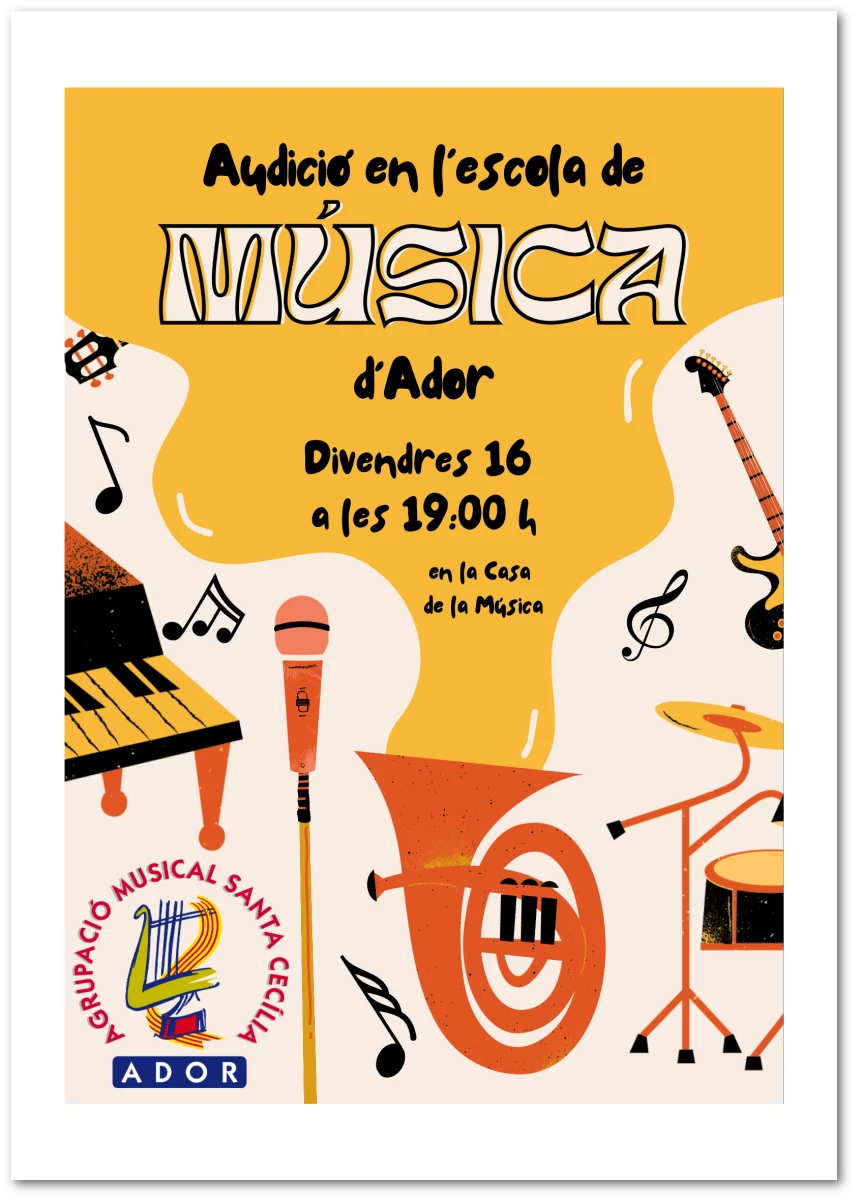 Cartell audicions alumnat Escola de Música Ador, febrer 2024