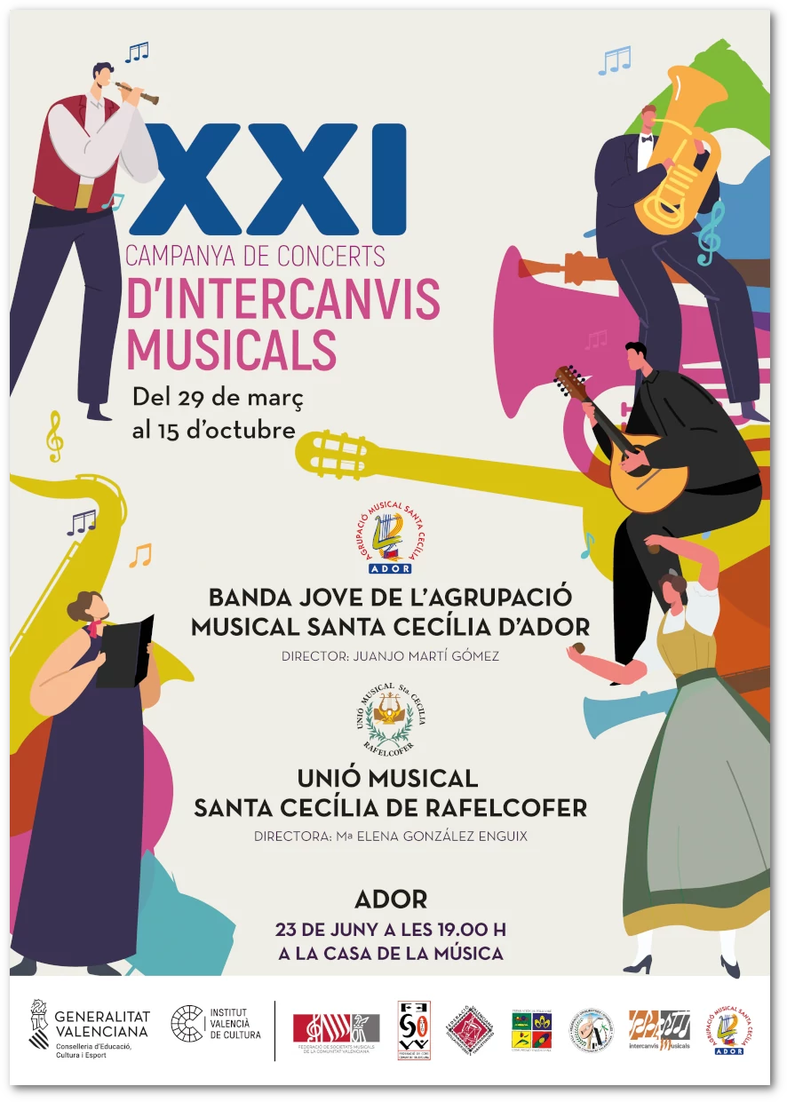 Cartell  XXI Campanya d'intercanvis musicals de les Bandes Joves d'Ador i Rafelcofer, juny 2024