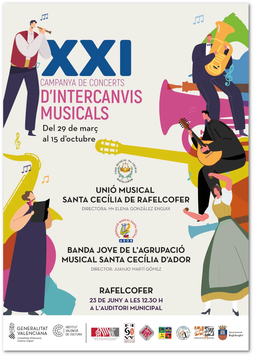 Cartell  XXI Campanya d'intercanvis musicals de les Bandes Joves de Rafelcofer id'Ador, juny 2024