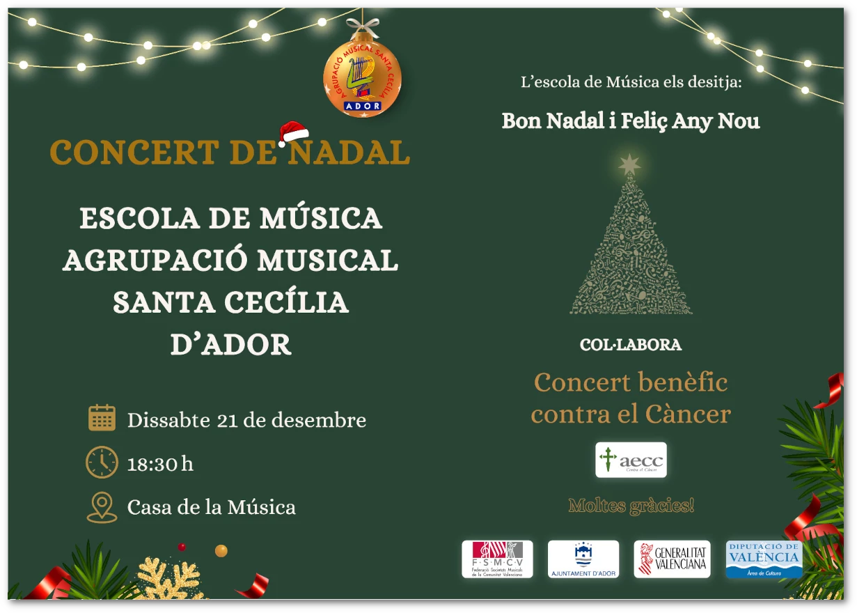 Cartell anunciador del Concert Solidari de Nadal per la Banda Jove i alumnat de l'Escola de Música de l'Agrupació Musical Santa Cecília d'Ador