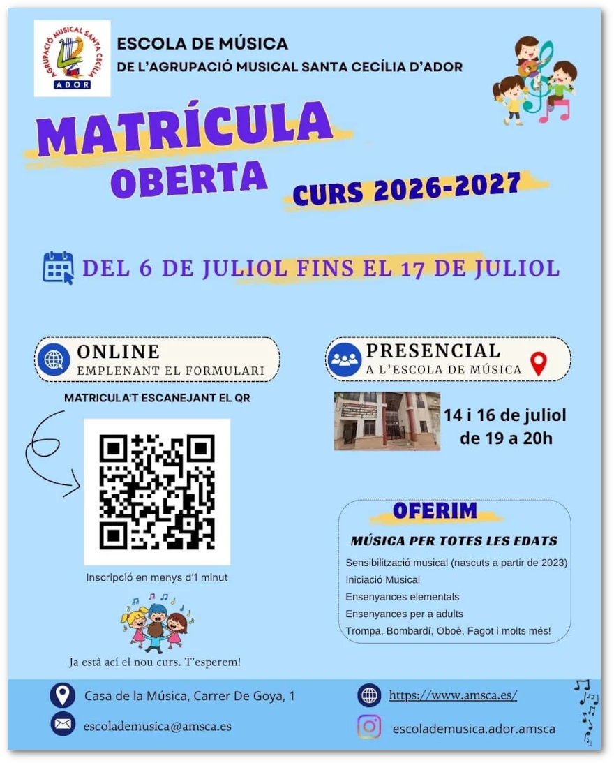 Cartell informatiu matricula Escola de Música, curs 2026-2027